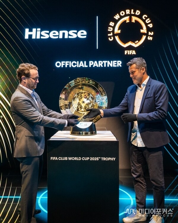 David Gold, Vice President of Hisense International and President of Hisense Americas and Aldo Kafie, Head of FIFA Partnership Management, unveil the FIFA Club World Cup 2025™ Trophy at CES